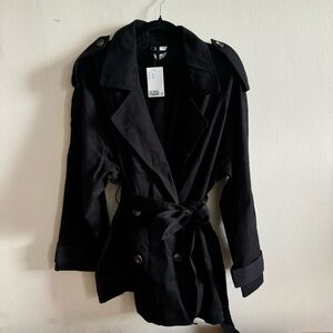 H & M Black Double Breasted Twill Trench JacketCoat Belted Street Style Chic XL